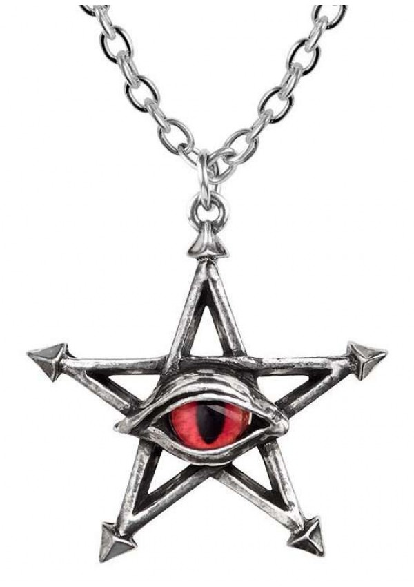Red Curse Pentagram Eye Pewter Necklace
