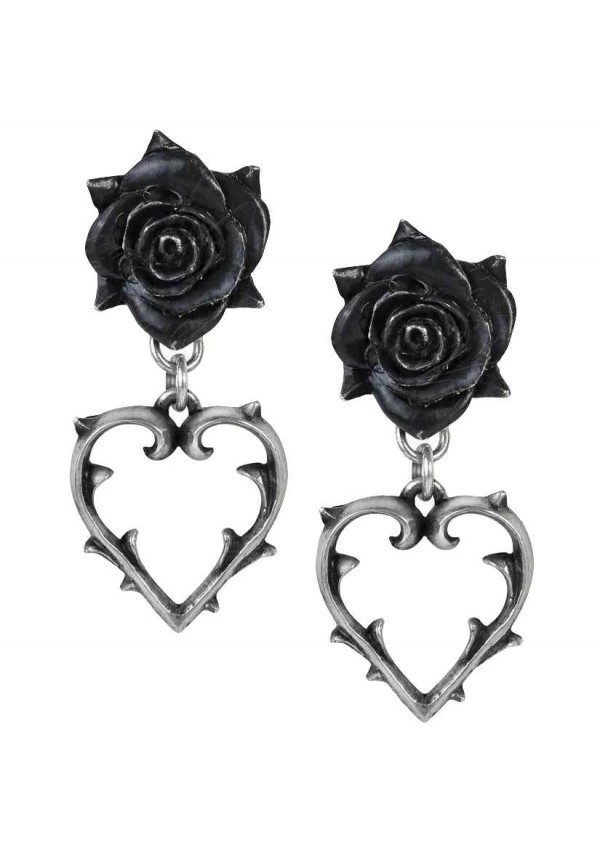 Wounded Love Black Rose Heart Gothic Earrings