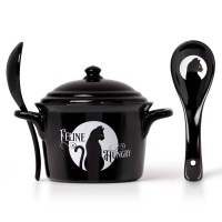 Black Cat Feline Hungry Soup Bowl and Spoon