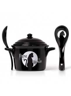 Black Cat Feline Hungry Soup Bowl and Spoon