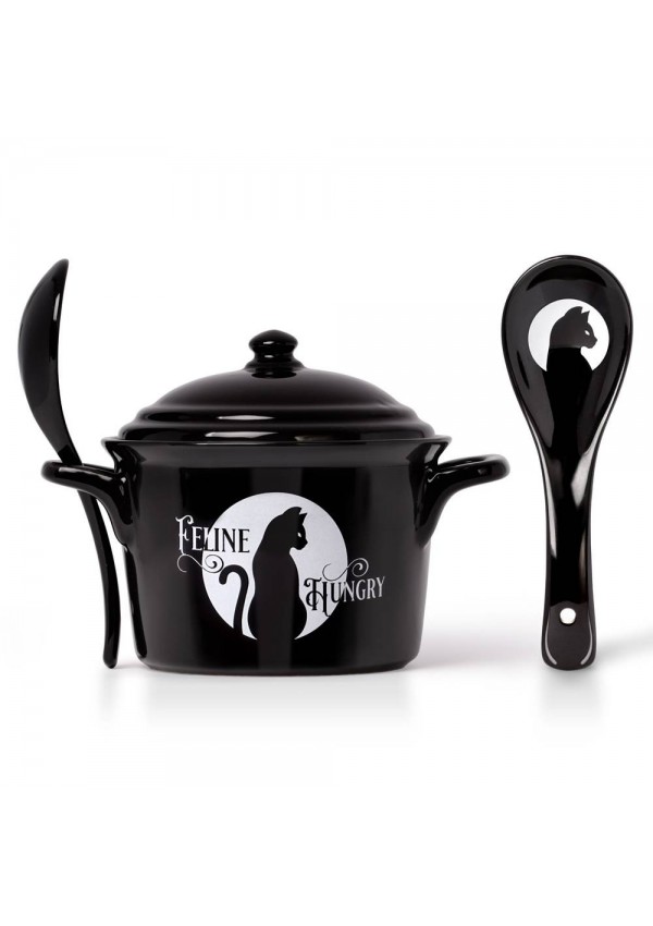 Black Cat Feline Hungry Soup Bowl and Spoon