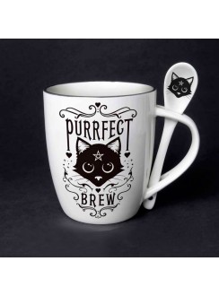 Purrfect Brew Black Cat Mug and Spoon Set