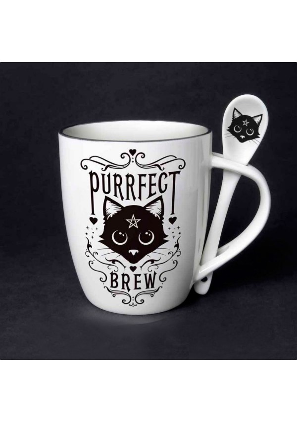 Purrfect Brew Black Cat Mug and Spoon Set