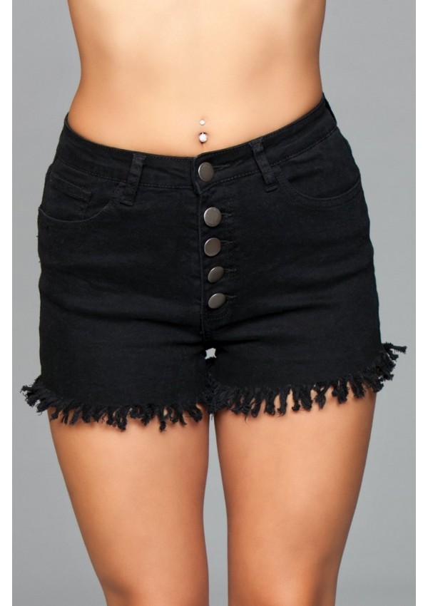 Fringed Black Button Up Shorts