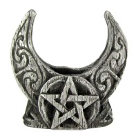 Crescent Moon Pentacle Mini Pewter Candle Holder