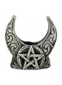 Crescent Moon Pentacle Mini Pewter Candle Holder