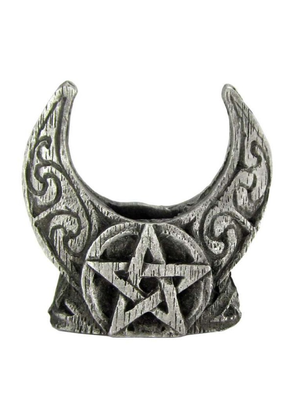 Crescent Moon Pentacle Mini Pewter Candle Holder