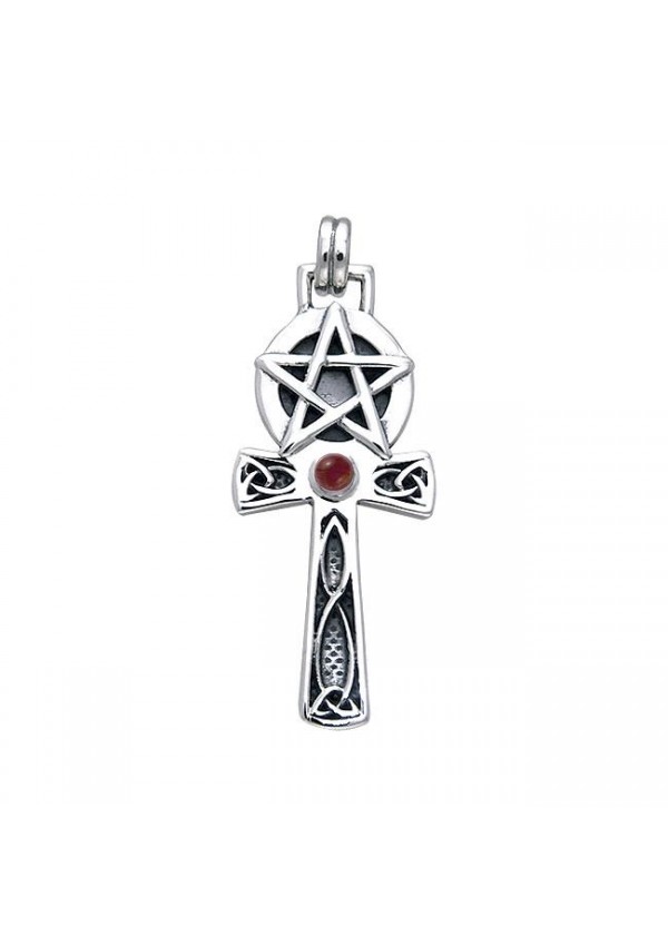 Celtic Knot Pentagram Ankh with Garnet Pendant