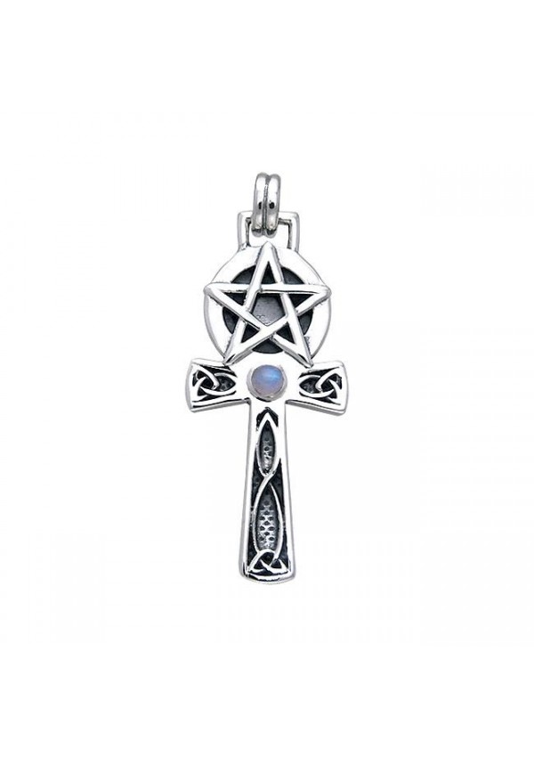 Celtic Knot Pentagram Ankh with Rainbow Moonstone Pendant