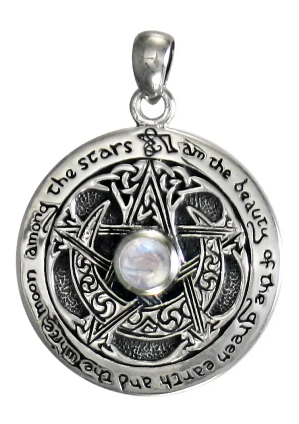 Rainbow Moonstone Moon Pentacle Sterling Silver Pendant