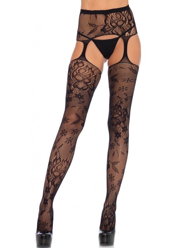 Floral Lace Suspender Garter Belt Stockings