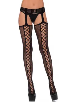 Dual Net Faux Lace Up Backseam Suspender Stockings