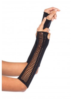 Faux Lace Up Black Fingerless Gloves