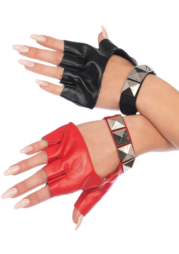 Harley Quinn 2 Tone Studded Fingerless Gloves