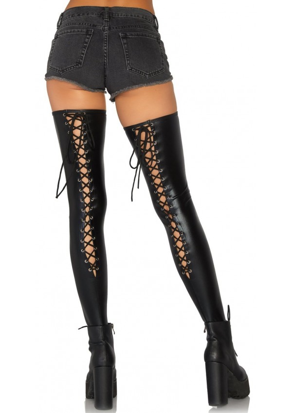 Lace-Up Back Black Thigh Highs