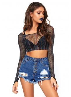 Rainbow Glitter Long Sleeve Mesh Crop Top