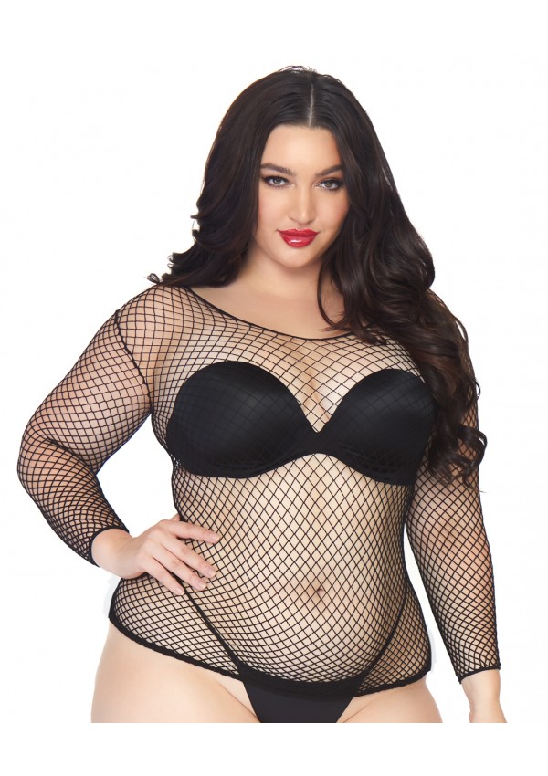 Black Fishnet Plus Size Long Sleeve Shirt