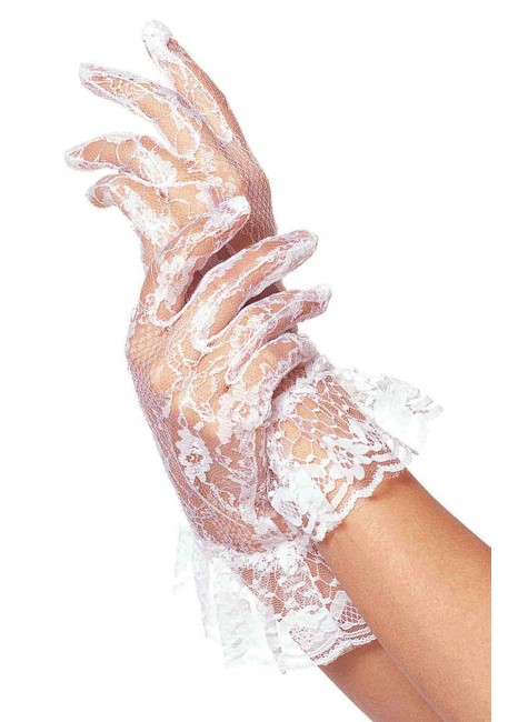 White Ruffled Lace Wrist Length Gloves