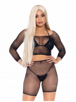 Bling Queen Black Fishnet Crop Top Set