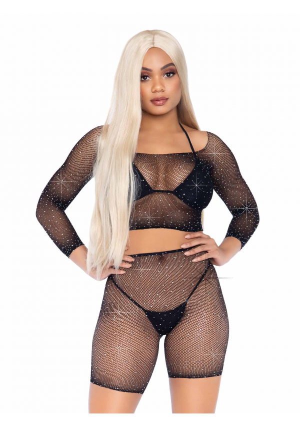 Bling Queen Black Fishnet Crop Top Set