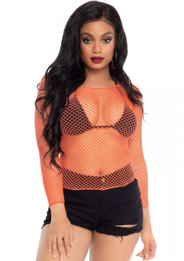 Neon Orange Fishnet Long Sleeve Shirt