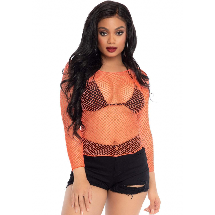 Neon Orange Fishnet Long Sleeve Shirt - Unisex Fishnet Shirt