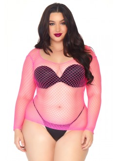 Neon Pink Fishnet Long Sleeve Plus Size Shirt