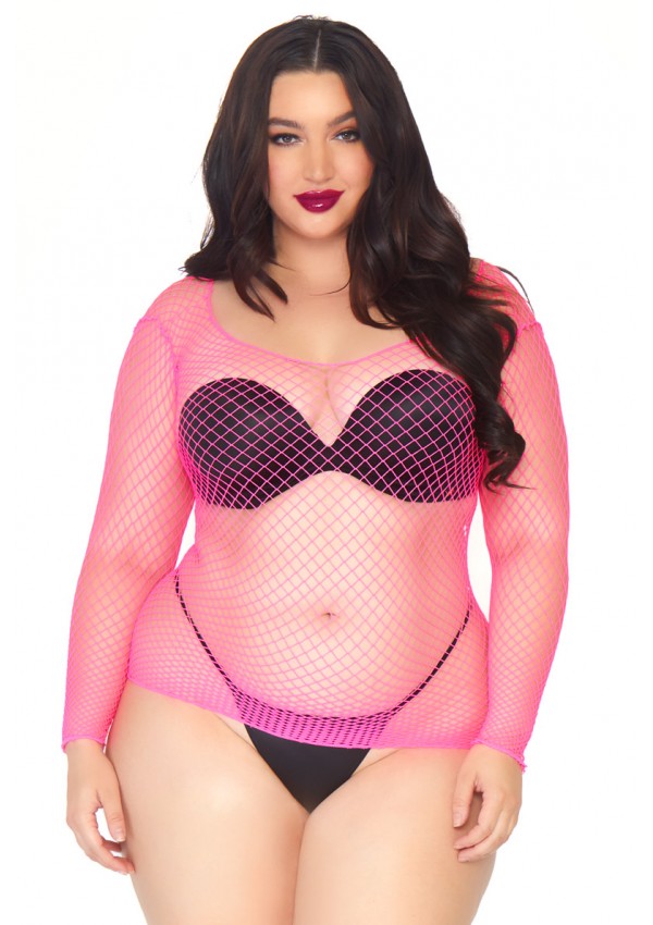 Neon Pink Fishnet Long Sleeve Plus Size Shirt