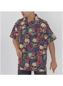 Tropical Skull Print Men's Hawaiian Button-Up Shirt