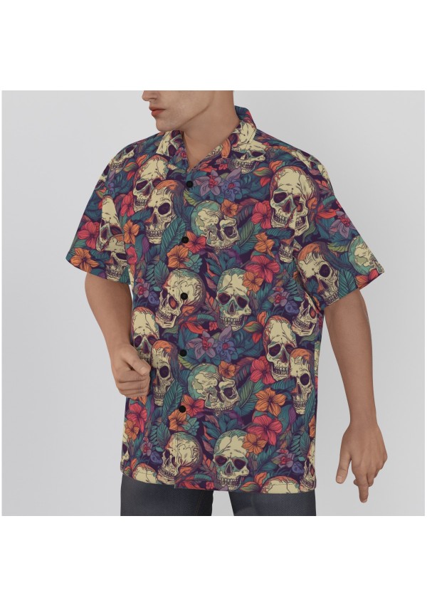 Tropical Skull Print Men's Hawaiian Button-Up Shirt