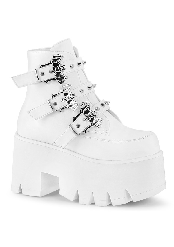 Ashes Bat Buckled White Ankle Boots