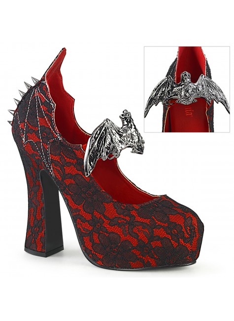 Demon Bat Red and Black Lace Mary Jane Pumps