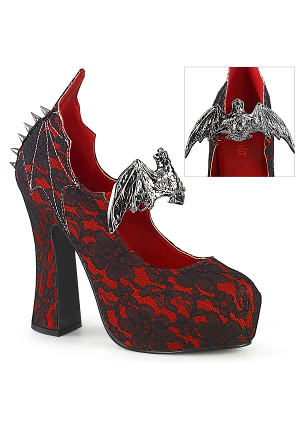 Demon Bat Red and Black Lace Mary Jane Pumps