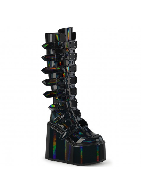 Swing Buckled Black Hologram Womens Platform Boots