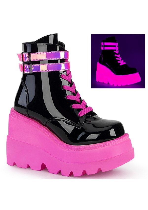 Black and Neon Pink Wedge Heel Womens Ankle Boots