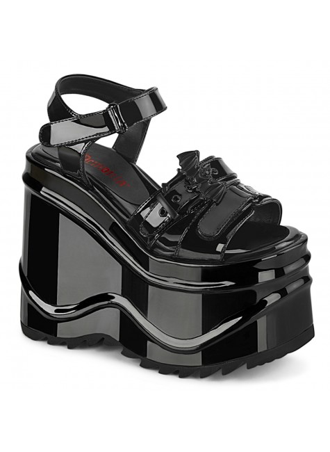 Bat Buckle Wave Platform Black Patent Platform Sandal
