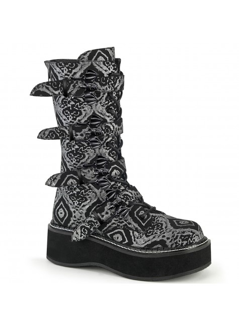 Emily Black and Silver Print Bat Buckled Boots