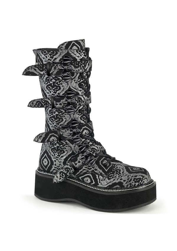 Emily Black and Silver Print Bat Buckled Boots