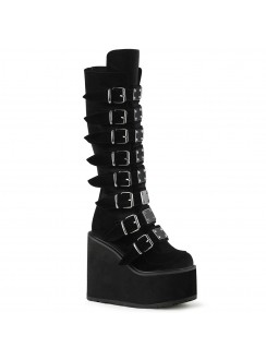 Black Velvet Swing Buckled Womens Platform Boots