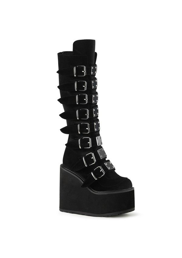 Black Velvet Swing Buckled Womens Platform Boots