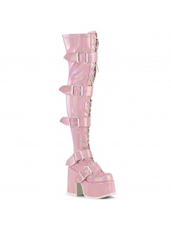 Pink Hologram Chunky Platform Thigh High Boots