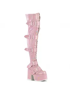 Pink Hologram Chunky Platform Thigh High Boots