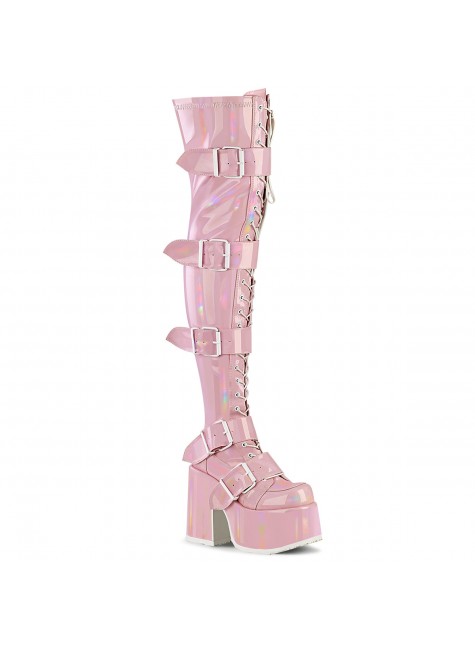 Pink Hologram Chunky Platform Thigh High Boots