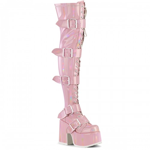 Pink Hologram Chunky Platform Thigh High Boots | Gothic Boots for Women