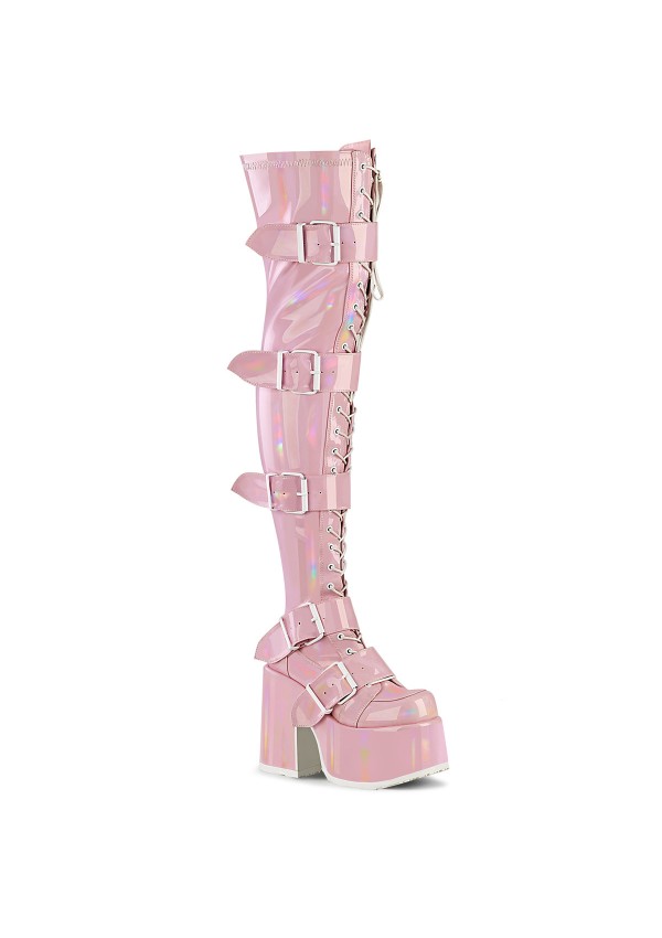 Pink Hologram Chunky Platform Thigh High Boots