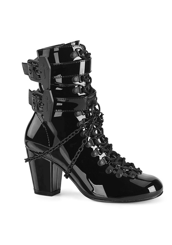 Coffin Buckled Granny Gothic Black Patent Ankle Boots