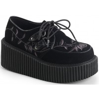 Embroidered Floral Black Faux Suede Womens Creeper