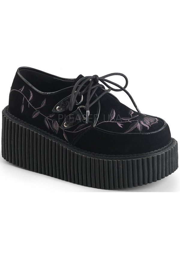 Embroidered Floral Black Faux Suede Womens Creeper