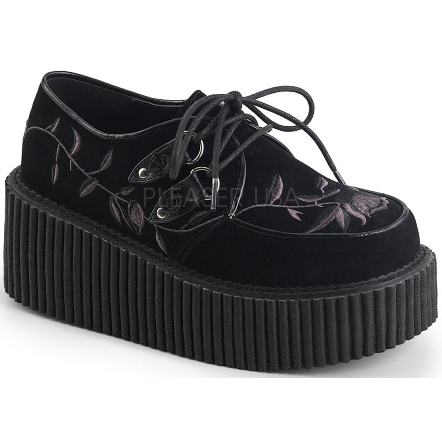 Embroidered Floral Black Faux Suede Womens Creeper 219 Loafers