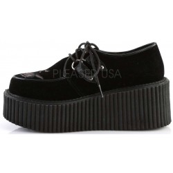 Embroidered Floral Black Faux Suede Womens Creeper